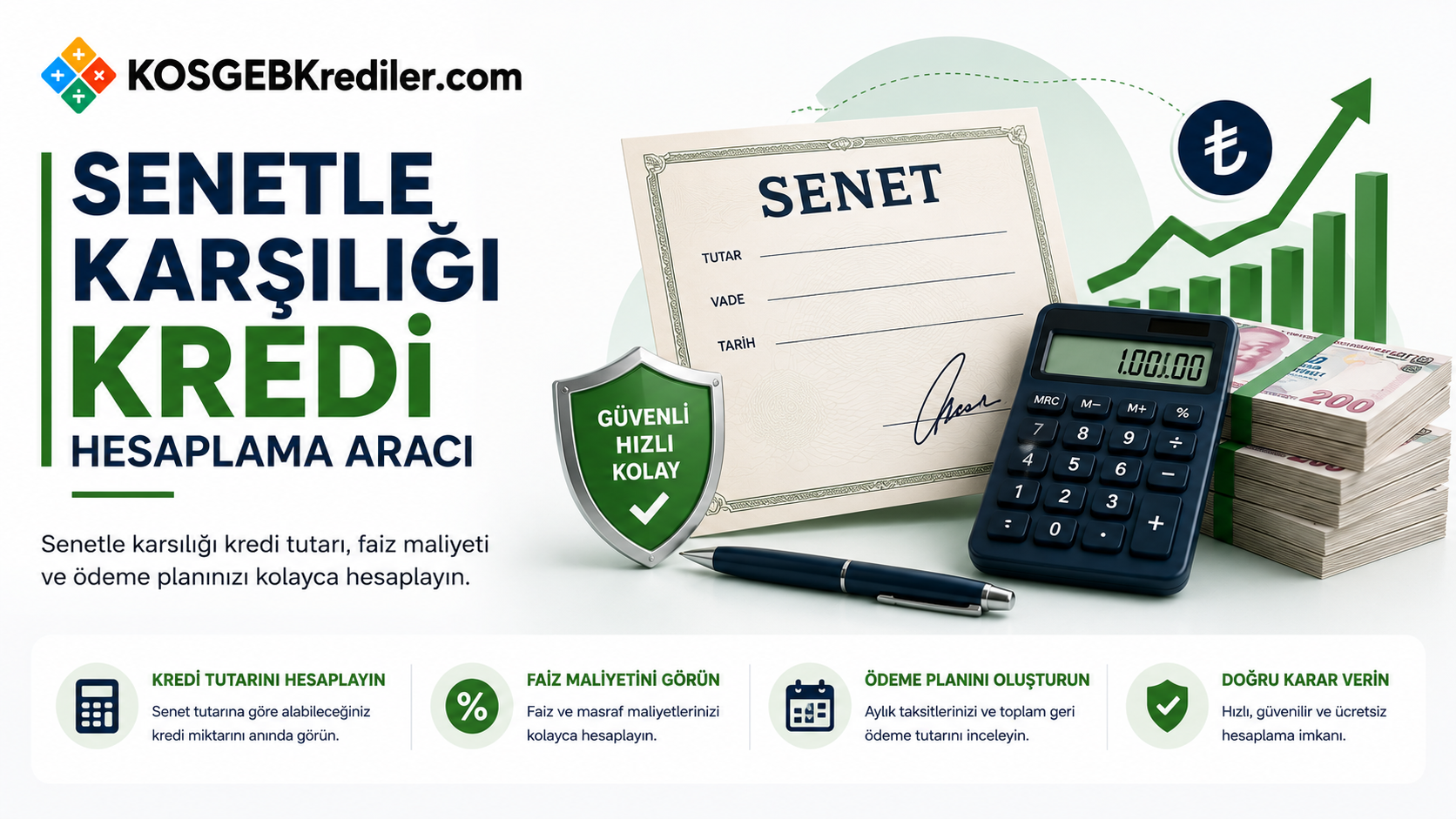 Senet teminatlı ticari kredi tutarı, faiz maliyeti ve ödeme planı hesaplama aracı